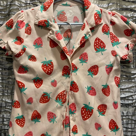 Other - Girls Strawberry Button-Front Short Sleeve Top  and Shorts PJ Pink/Red